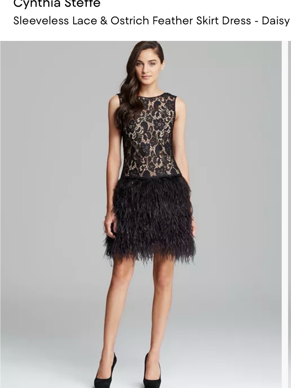 Cynthia Steffe Black Lace Bodice with Ostrich Feather Skirt Cocktail Dress